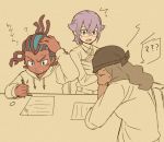  3boys blush brown_hair clenched_teeth closed_eyes inazuma_eleven_(series) inazuma_eleven_go inazuma_eleven_go_galaxy kusaka_ryuuji male manabe_jin&#039;ichirou monochrome multiple_boys petagon purple_hair spot_color tetsukado_shin 