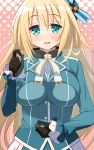  1girl 9law atago_(kantai_collection) black_gloves blonde_hair blush breasts gloves green_eyes hat highres kantai_collection large_breasts long_hair looking_at_viewer military military_uniform open_mouth smile solo uniform 