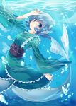  1girl blue_eyes blue_hair blush bubble head_fins japanse_clothes kapuchii mermaid monster_girl short_hair solo touhou underwater wakasagihime wide_sleeves 