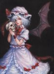  1girl bat_wings bow brooch darkness dress hair_over_one_eye hat hat_ribbon jewelry johnalay looking_at_viewer mob_cap oil_painting_(medium) parted_lips puffy_sleeves red_eyes remilia_scarlet ribbon sash short_sleeves silver_hair skull solo touhou white_dress wings wrist_cuffs 