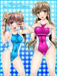  2girls anzu_(onelelee) blue_eyes brown_eyes brown_hair competition_swimsuit fang flower hair_ornament hairband highres long_hair multiple_girls nogizaka_haruka nogizaka_haruka_no_himitsu nogizaka_mika one-piece_swimsuit siblings sisters sunflower swimsuit twintails 
