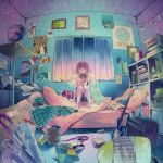  1girl :o bare_legs bed bedroom book camera chair charging clock closed_umbrella curtains doll guitar headphones highres instrument lamp night paper phone pink_hair poster room short_hair solo star_(sky) trash_can umbrella window wire 