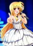  1girl :d blonde_hair blush breasts cleavage diesel-turbo dress fate_testarossa flower hair_flower hair_ornament long_hair lyrical_nanoha mahou_shoujo_lyrical_nanoha_strikers microphone mizuki_nana open_mouth outstretched_hand red_eyes seiyuu_connection smile solo 