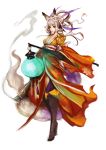  1girl animal_ears breasts cannon character_request cleavage commentary fox_ears fox_tail fusion half_updo highres japanese_clothes kongiku lantern muju oboro_muramasa orange_eyes silver_hair tail 