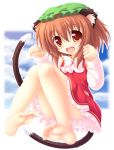  1girl animal_ears bow brown_eyes brown_hair cat_ears cat_tail chen fang long_sleeves mob_cap multiple_tails open_mouth red_eyes smile solo tail touhou yokuran 