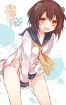  1girl binoculars blush brown_eyes brown_hair hair_ornament kantai_collection kasu_(return) open_mouth panties personification school_uniform serafuku shirt_tug short_hair solo underwear white_panties yukikaze_(kantai_collection) 