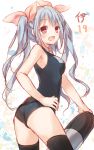  1girl black_legwear blue_hair character_name i-19_(kantai_collection) kantai_collection kasu_(return) long_hair one-piece_swimsuit personification red_eyes school_swimsuit solo swimsuit thighhighs torpedo twintails 
