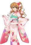  1girl blush brown_eyes brown_hair flower golden_time japanese_clothes kaga_kouko kimono long_hair official_art ponytail smile solo yukata 