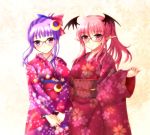  2girls alternate_costume bat_wings bespectacled blush crescent crescent_hair_ornament glasses hair_ornament head_wings japanese_clothes kimono koakuma long_sleeves looking_at_viewer multiple_girls obi patchouli_knowledge pointy_ears purple_hair red_eyes smile touhou violet_eyes wings yumi_(careca398) 