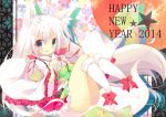  1girl blue_eyes blush happy_new_year japanese_clothes kimono long_hair looking_at_viewer mizu_(nonbiri) open_mouth original solo white_hair 