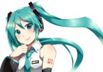  1girl absurdres aqua_eyes aqua_hair caffein detached_sleeves hatsune_miku headset highres long_hair looking_at_viewer necktie smile solo twintails vocaloid white_background 