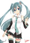  1girl aqua_hair artist_name blue_eyes detached_sleeves hatsune_miku kouta_(ajtda) long_hair necktie simple_background skirt solo thighhighs twintails very_long_hair vocaloid white_background 