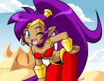  1girl ;) bandeau blue_eyes bracer choker circlet dark_skin earrings hair_tubes harem_pants hoop_earrings jewelry leaning_forward long_hair midriff pointy_ears purple_hair pyramid r.case shantae:_half-genie_hero shantae_(character) small_breasts very_long_hair wink 