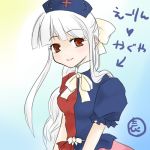  1girl bow braid collar cross dress hat hime_cut houraisan_kaguya if_they_mated looking_at_viewer lowres nurse_cap payot puffy_short_sleeves puffy_sleeves red_eyes short_sleeves touhou translation_request white_hair yagokoro_eirin 