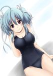  1girl ahoge blue_hair fuuma_nagi hair_ribbon mashiroiro_symphony ribbon school_swimsuit smile solo swimsuit twintails uryuu_sakuno violet_eyes 