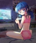  1girl blue_eyes blue_hair controller crop_top frown game_console game_controller glasses hair_ornament hairclip looking_back mintchoco moriah_saga official_art pillow poster_(object) short_shorts shorts sitting solo speaker television twintails wii wireless xbox_360 