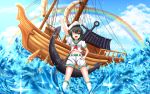  1girl ;d anchor anchor_symbol black_hair clouds ddfftasogare green_eyes hat highres midriff murasa_minamitsu neckerchief ocean open_mouth oversized_object palanquin_ship pointing pointing_up rainbow sailor sailor_collar sailor_hat ship short_hair smile socks solo sparkle touhou wink 