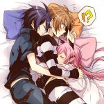  1girl 2boys alba_(senyuu) black_hair blush brown_eyes brown_hair closed_eyes demon_girl group_hug head_wings hug long_hair multiple_boys pink_hair pointy_ears ross_(senyuu) ruki_(senyuu) sen&#039;yuu. short_hair sleeping yosakuh 