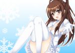  1girl :d breasts brown_eyes brown_hair cleavage dress elbow_gloves gloves hasu_(velicia) long_hair ogiso_setsuna open_mouth smile solo thighhighs two_side_up white_album white_album_2 white_dress white_gloves white_legwear 