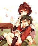  2girls between_legs black_hair blush brown_eyes brown_hair closed_eyes grin hair_ribbon hair_tussle ise_(kantai_collection) japanese_clothes kantai_collection mogami_(kantai_collection) multiple_girls open_mouth personification ponytail ribbon school_uniform short_hair shorts sitting skirt smile teasing toosaka_asagi 