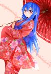  1girl alternate_costume blue_hair floral_print hinanawi_tenshi japanese_clothes kimono long_hair looking_at_viewer momo_retasu obi oriental_umbrella petals red_eyes sash smile solo touhou umbrella very_long_hair 