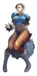  1girl absurdres boots bracelet breasts brown_eyes brown_hair brown_legwear bun_cover china_dress chinese_clothes chun-li double_bun dress earrings highres jewelry lips pantyhose short_hair short_sleeves smile solo spiked_bracelet spikes street_fighter takitasan 