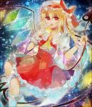  1girl abandon_ranka ascot blonde_hair bow flandre_scarlet hat hat_bow laevatein looking_at_viewer mob_cap open_mouth puffy_sleeves red_eyes sash shirt short_sleeves side_ponytail skirt skirt_set smile solo sparkle star touhou vest wings wrist_cuffs 