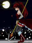  1girl black_legwear boots full_moon highres long_hair magical_girl mahou_shoujo_madoka_magica moon night polearm ponytail profile redhead sakura_kyouko skirt solo spear syuichi thighhighs weapon 