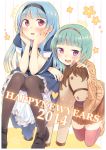  2014 2girls blue_hair blush chinese_zodiac dress green_hair hairband happy_new_year horse long_hair multiple_girls new_year original red_eyes shoes short_hair smile stuffed_animal stuffed_toy sweater thighhighs violet_eyes zpolice 