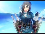  1girl black_gloves black_hair blue_sky blush breasts cannon clouds garter_straps gloves hat highres island jacket kantai_collection military_jacket ocean open_mouth personification red_eyes shinoji_(shin_status) short_hair skirt sky solo takao_(kantai_collection) turret water 
