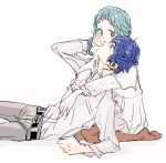  aqua_hair arisato_minato blue_hair braid casual couple hetero hug persona persona_3 persona_4:_the_ultimate_in_mayonaka_arena sutei_(giru) yamagishi_fuuka yuuki_makoto 