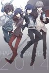  4boys arisato_minato black_hair blue_eyes blue_hair card devil_survivor_2 glasses grey_eyes grey_hair gun hood megami_ibunroku_devil_survivor multiple_boys narukami_yuu persona persona_3 persona_4 protagonist_(devil_survivor) protagonist_(devil_survivor_2) short_hair shrie weapon yuuki_makoto 