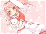  1girl animal_ears blush bunny_tail kojiki-life pink_eyes pink_hair rabbit_ears solo stuffed_animal stuffed_bunny stuffed_toy tail 