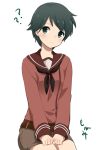  1girl ? black_hair green_eyes ica kantai_collection long_sleeves looking_at_viewer mogami_(kantai_collection) personification school_uniform serafuku short_hair shorts simple_background solo white_background 