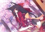  1girl absurdres animal_ears barefoot black_hair blurry blush brown_eyes cherry_blossoms comb depth_of_field fox_ears fox_tail from_side furisode hair_ornament hair_ribbon hand_mirror highres huge_filesize japanese_clothes kimono long_hair looking_at_viewer mirror open_mouth original p19 petals ribbon sitting solo tail temari_ball tree very_long_hair wariza 