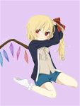  1girl adjusting_hair alternate_costume blonde_hair bow contemporary flandre_scarlet hair_bow red_eyes ribbon short_hair shorts side_ponytail sitting smile socks solo touhou tsuno_no_hito wariza wings 