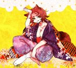  1girl :q animal_ears breasts brown_hair cleavage futatsuiwa_mamizou indian_style japanese_clothes no_glasses open_clothes raccoon_ears raccoon_tail shimana_(cs-ts-az) sitting slit_pupils tabi tail tongue touhou unmoving_pattern yellow_eyes 