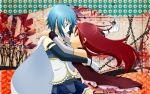  2girls armi_(armitage) blue_eyes blue_hair cape detached_sleeves eye_contact gloves hug kannazuki_no_miko long_hair looking_at_another magical_girl mahou_shoujo_madoka_magica miki_sayaka multiple_girls parody red_eyes redhead sakura_kyouko short_hair skirt soul_gem wristband yuri 