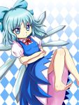  1girl argyle argyle_background arm_holding barefoot blue_eyes blue_hair bow cirno crossed_arms dress hair_bow hand_on_own_elbow knees_together_feet_apart knees_up looking_at_viewer puffy_short_sleeves puffy_sleeves ribbon short_hair short_sleeves smile solo tonakai_(bunsuka) touhou wings 