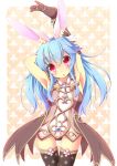  1girl animal_ears armor armpits arms_behind_head arms_up blue_hair elbow_gloves elin_(tera) gloves highres kt_cano long_hair panties rabbit_ears red_eyes solo tera_online thighhighs underwear 