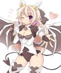  1girl ;) blonde_hair blush boots bow breasts bridal_gauntlets character_request cleavage cleavage_cutout demon_girl demon_tail demon_wings earrings hachimi hair_bow heart horns jewelry leotard outstretched_hand shingeki_no_bahamut solo tail thigh_boots thighhighs violet_eyes wings wink 