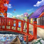  1girl boat bridge clouds east_asian_architecture flower geta hair_flower hair_ornament hieda_no_akyuu japanese_clothes kimono leaf maple_leaf mountain namatyaba purple_hair short_hair smile solo touhou umbrella village violet_eyes 