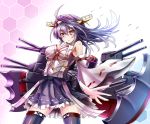  1girl bare_shoulders black_hair black_legwear blush breasts brown_eyes cannon detached_sleeves hairband haruna_(kantai_collection) japanese_clothes kantai_collection long_hair open_mouth personification skirt solo sumapan thighhighs turret 