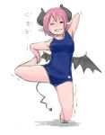  barefoot competition_swimsuit demon_girl demon_horns demon_tail demon_wings horns lilim_(waguruma!) one-piece_swimsuit paimin pink_hair pointy_ears short_hair small_breasts solo stretch swimsuit tail translation_request waguruma! wings 