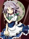  1girl apron arm_up between_fingers bow braid clock expressionless hair_bow izayoi_sakuya knife looking_at_viewer maid_headdress puffy_short_sleeves puffy_sleeves red_eyes short_sleeves silver_hair skirt skirt_set solo tonakai_(bunsuka) touhou twin_braids waist_apron 