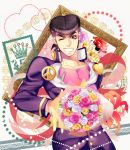  1boy bouquet flower gakuran grin higashikata_jousuke jojo_no_kimyou_na_bouken school_uniform shiron_(shiro_n) smile solo violet_eyes wink 