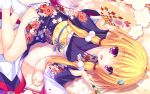  1girl :d blonde_hair fang highres japanese_clothes kimono legs lying magicalic_sky_high mikagami_mamizu open_mouth pointy_ears saraira shuttlecock smile tabi tagme violet_eyes 