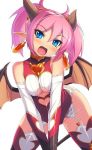  1girl bat_wings blue_eyes blush breasts demon_girl demon_horns demon_wings earrings fang garter_belt garter_straps head_tilt horns jewelry jpeg_artifacts mel/a pink_hair pointy_ears ririmu_tia scrunchie shingeki_no_bahamut short_twintails smile solo tail thighhighs twintails underboob v_arms wings 