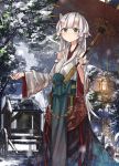  1girl akiyama_tama bare_shoulders bridge cart detached_sleeves grey_eyes horns lamppost long_hair oriental_umbrella original silver_hair skirt solo umbrella very_long_hair 