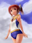  1girl bare_shoulders blue_sky blush brown_eyes brown_hair clouds i-401_(kantai_collection) kantai_collection one-piece_swimsuit personification ponytail qbthgry sailor_collar school_swimsuit short_hair short_ponytail sky smile solo swimsuit 
